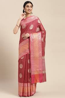 Pink woven cotton silk saree with blouse