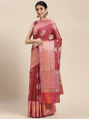 Pink woven cotton silk saree with blouse 2