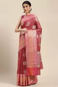 Pink woven cotton silk saree with blouse