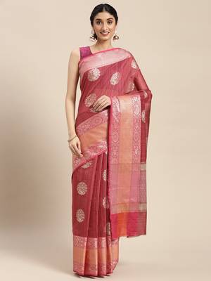 Pink woven cotton silk saree with blouse 3