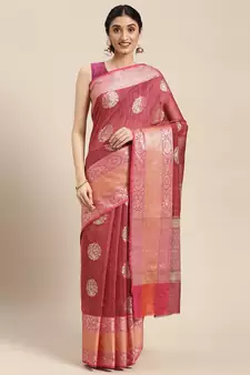 Pink woven cotton silk saree with blouse