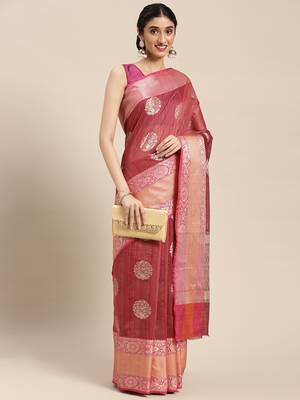 Pink woven cotton silk saree with blouse 4