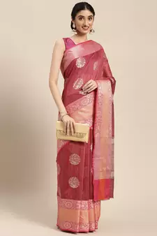 Pink woven cotton silk saree with blouse
