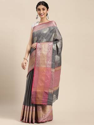 Grey woven cotton silk saree with blouse 1