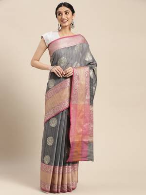 Grey woven cotton silk saree with blouse 2