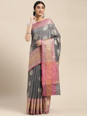 Grey woven cotton silk saree with blouse 3