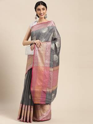 Grey woven cotton silk saree with blouse 4