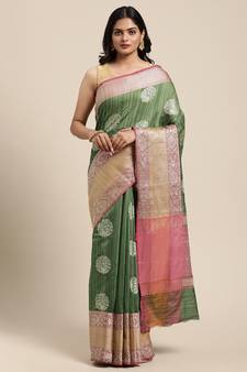 Green woven cotton silk saree with blouse