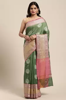 Green woven cotton silk saree with blouse