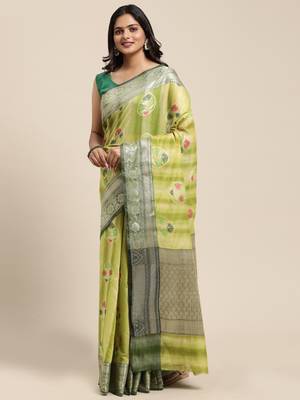 Light green woven cotton silk saree with blouse 2