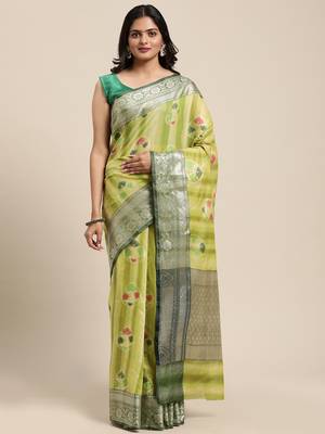 Light green woven cotton silk saree with blouse 4