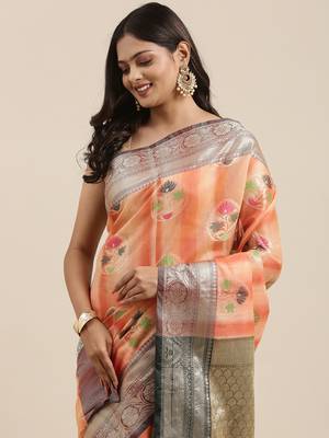 Peach woven cotton silk saree with blouse 1