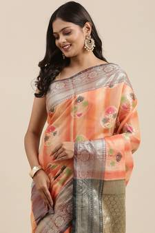 Peach woven cotton silk saree with blouse