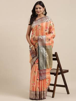 Peach woven cotton silk saree with blouse 2