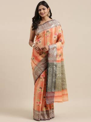 Peach woven cotton silk saree with blouse 3