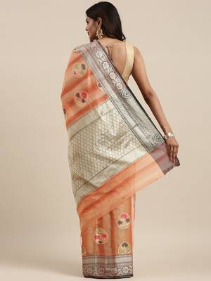 Peach woven cotton silk saree with blouse 4
