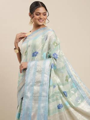 Turquoise woven cotton silk saree with blouse 1