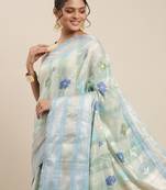 Turquoise woven cotton silk saree with blouse