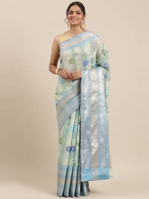 Turquoise woven cotton silk saree with blouse 2