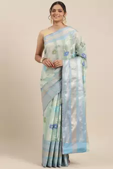 Turquoise woven cotton silk saree with blouse