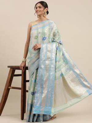 Turquoise woven cotton silk saree with blouse 3