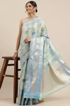 Turquoise woven cotton silk saree with blouse
