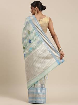 Turquoise woven cotton silk saree with blouse 4