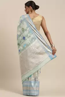 Turquoise woven cotton silk saree with blouse