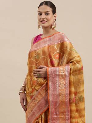 Mustard woven cotton silk saree with blouse 1