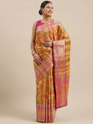 Mustard woven cotton silk saree with blouse 2