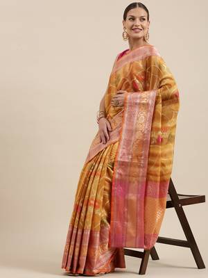 Mustard woven cotton silk saree with blouse 3
