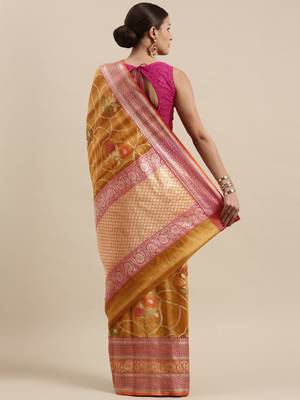 Mustard woven cotton silk saree with blouse 4