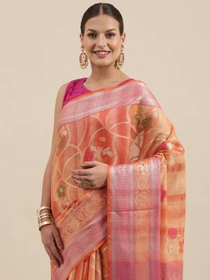 Peach woven cotton silk saree with blouse 1