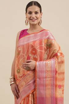 Peach woven cotton silk saree with blouse