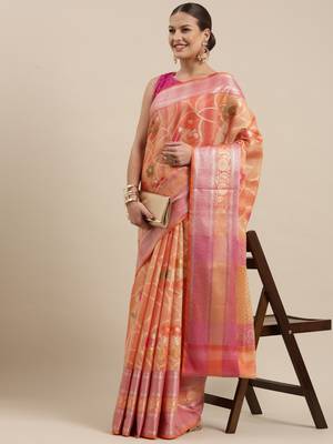 Peach woven cotton silk saree with blouse 2