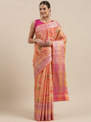 Peach woven cotton silk saree with blouse 3