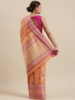 Peach woven cotton silk saree with blouse 4