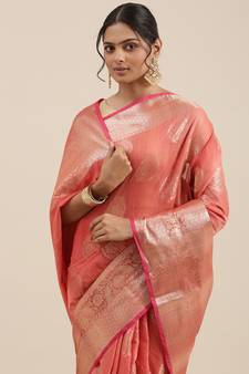 Red woven cotton silk saree with blouse
