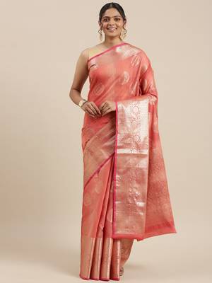 Red woven cotton silk saree with blouse 2