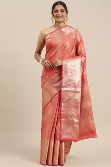 Red woven cotton silk saree with blouse