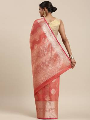 Red woven cotton silk saree with blouse 4