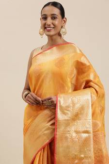 Gold woven cotton silk saree with blouse