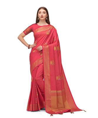 Peach woven kanchipuram silk saree with blouse 1