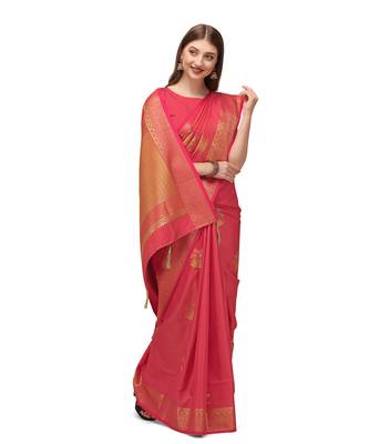 Peach woven kanchipuram silk saree with blouse 2