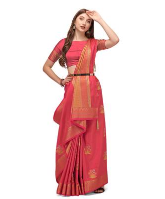 Peach woven kanchipuram silk saree with blouse 3