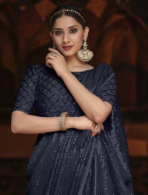 Navy blue embroidered georgette saree with blouse 2