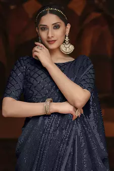 Navy blue embroidered georgette saree with blouse
