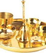 ROLIMOLI Brass Special Puja Thali set of 8 For Pooja Diwali Gift Decorative Pooja Thali Set 7 INCH PLATE