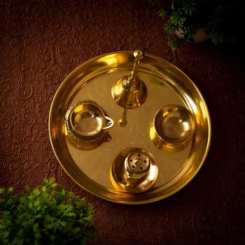 ROLIMOLI Brass Diwali Pooja thali Set of 5pcs For Mandir Home Decor Thali 7 inch 1