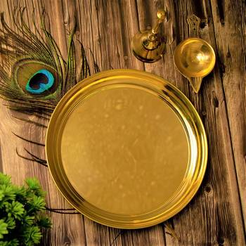 ROLIMOLI Brass diwali Pooja Thali Set of 3 Pcs Puja PLate 7 inch A diya and a bell home decor 1